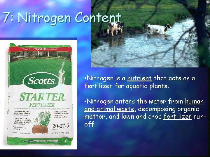 7: Nitrogen Content • Nitrogen is a nutrient that acts as a fertilizer for