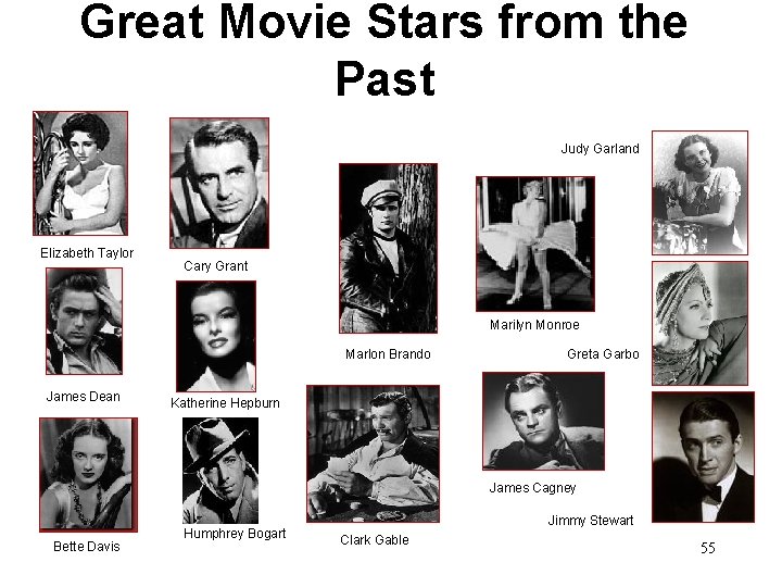 Great Movie Stars from the Past Judy Garland Elizabeth Taylor Cary Grant Marilyn Monroe