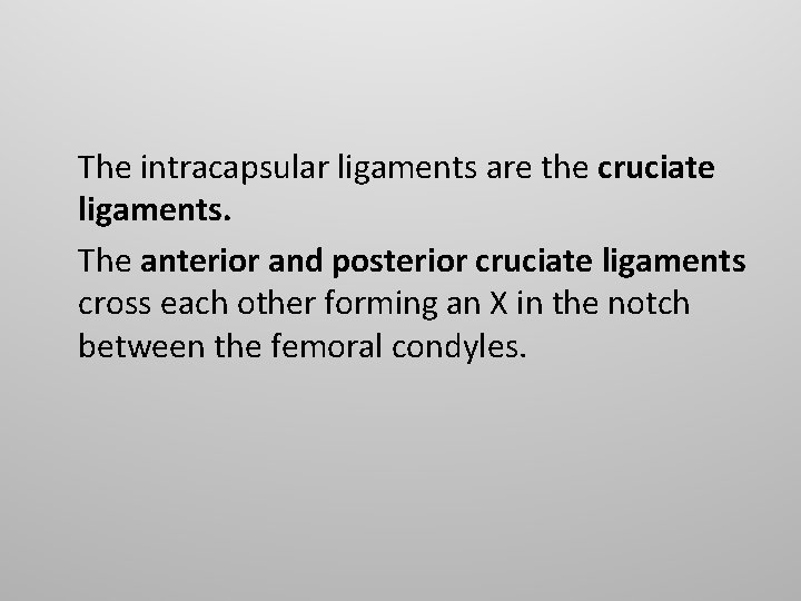 The intracapsular ligaments are the cruciate ligaments. The anterior and posterior cruciate ligaments cross