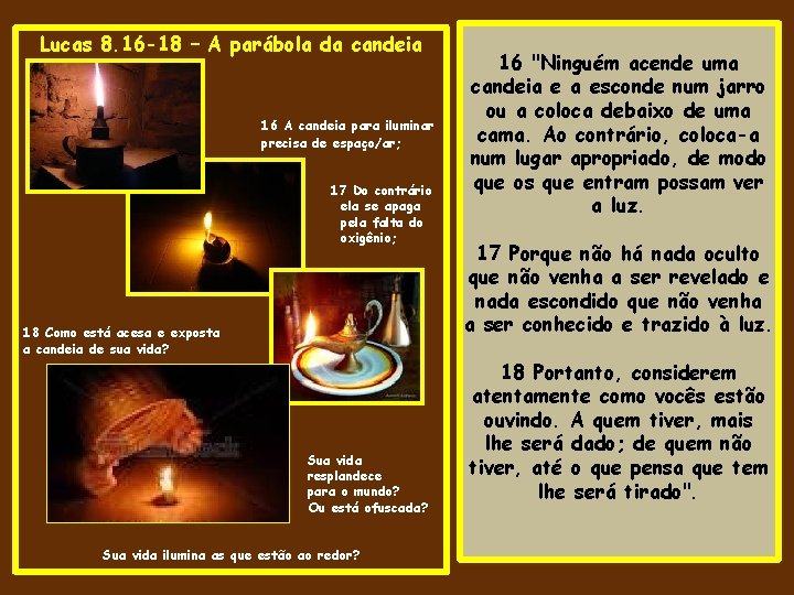 Lucas 8. 16 -18 – A parábola da candeia 16 A candeia para iluminar