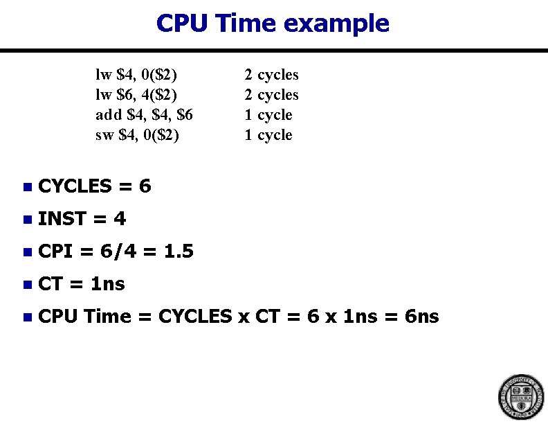 CPU Time example lw $4, 0($2) lw $6, 4($2) add $4, $6 sw $4, CPU Time example lw $4, 0($2) lw $6, 4($2) add $4, $6 sw $4,