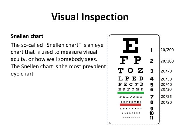 Visual Inspection Snellen chart The so-called “Snellen chart” is an eye chart that is