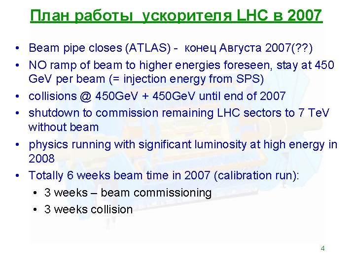 План работы ускорителя LHC в 2007 • Beam pipe closes (ATLAS) - конец Августа