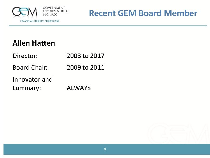 Recent GEM Board Member Allen Hatten Director: 2003 to 2017 Board Chair: 2009 to