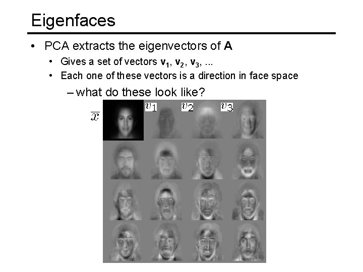 Eigenfaces • PCA extracts the eigenvectors of A • Gives a set of vectors