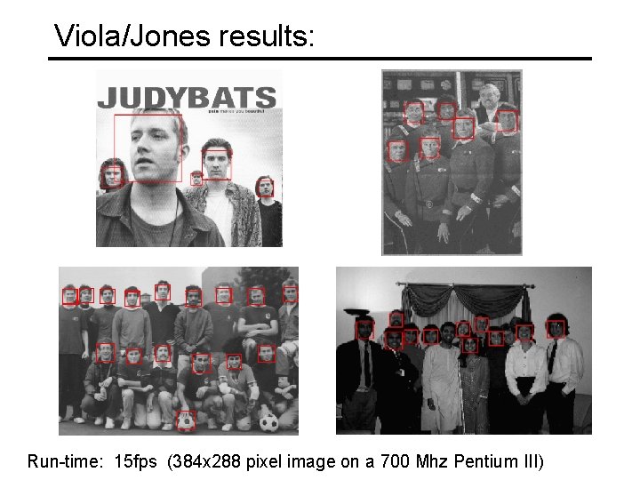 Viola/Jones results: Run-time: 15 fps (384 x 288 pixel image on a 700 Mhz