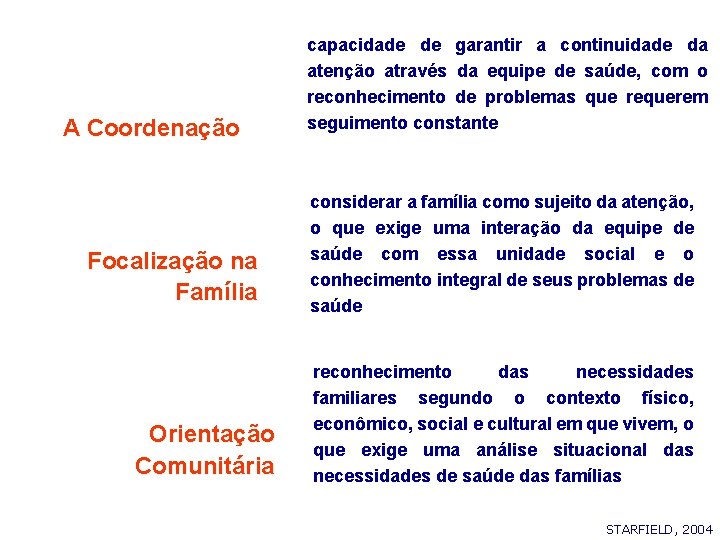 A Coordenação Focalização na Família Orientação Comunitária capacidade de garantir a continuidade da atenção A Coordenação Focalização na Família Orientação Comunitária capacidade de garantir a continuidade da atenção