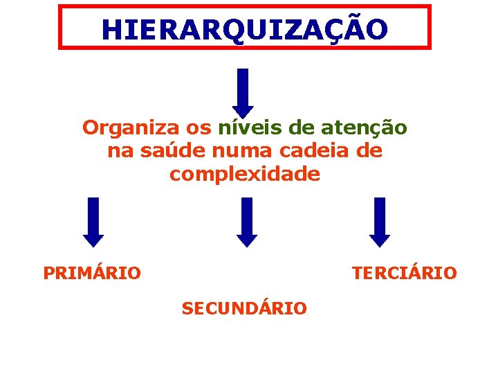 HIERARQUIZAÇÃO Organiza os níveis de atenção na saúde numa cadeia de complexidade PRIMÁRIO TERCIÁRIO HIERARQUIZAÇÃO Organiza os níveis de atenção na saúde numa cadeia de complexidade PRIMÁRIO TERCIÁRIO