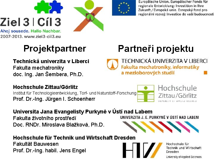 Projektpartner Partneři projektu Technická univerzita v Liberci Fakulta mechatroniky doc. Ing. Jan Šembera, Ph.