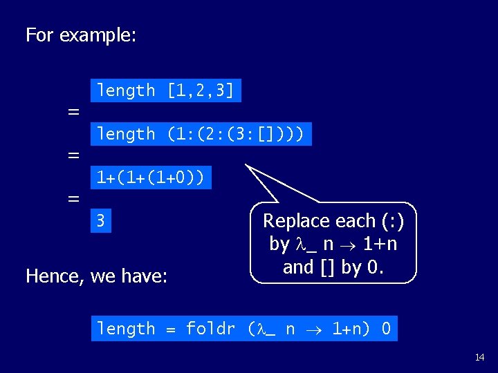 For example: = = = length [1, 2, 3] length (1: (2: (3: [])))