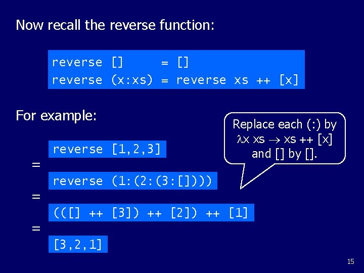 Now recall the reverse function: reverse [] = [] reverse (x: xs) = reverse