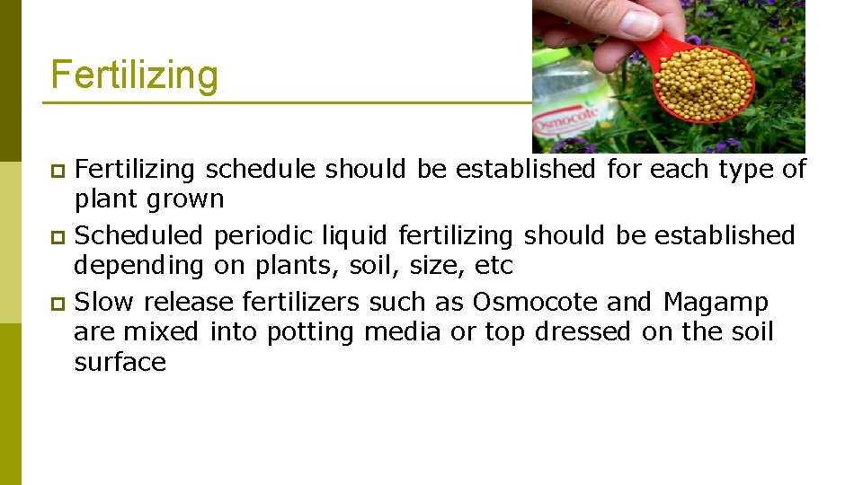 Fertilizing schedule should be established for each type of plant grown p Scheduled periodic