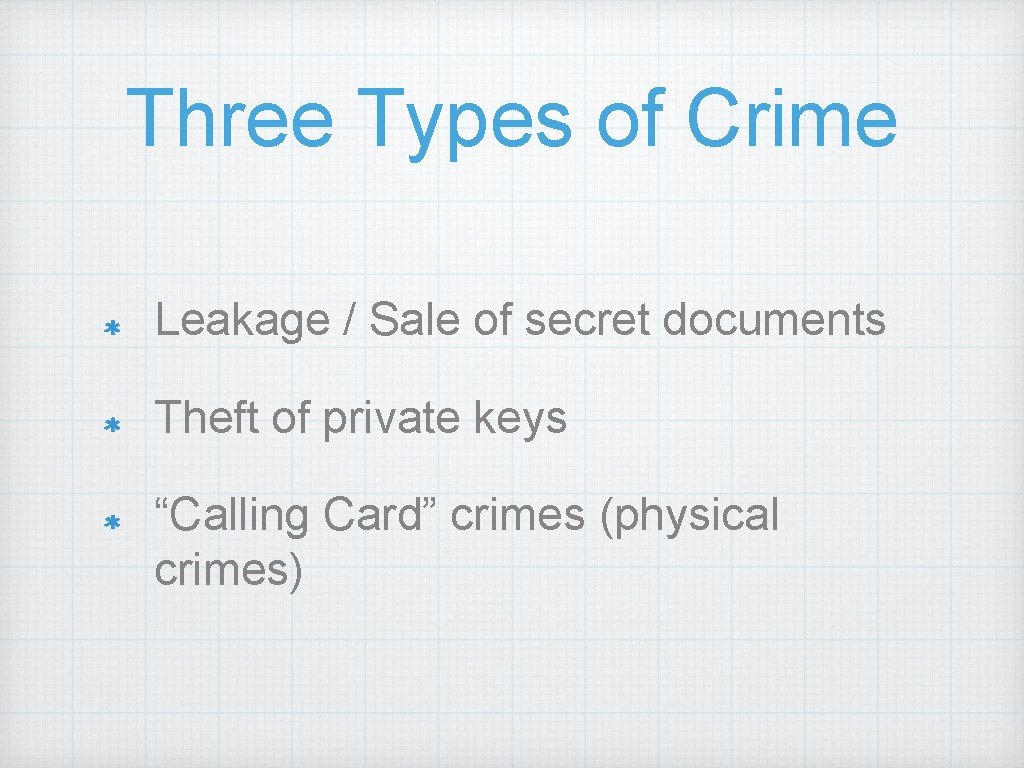 Three Types of Crime Leakage / Sale of secret documents Theft of private keys