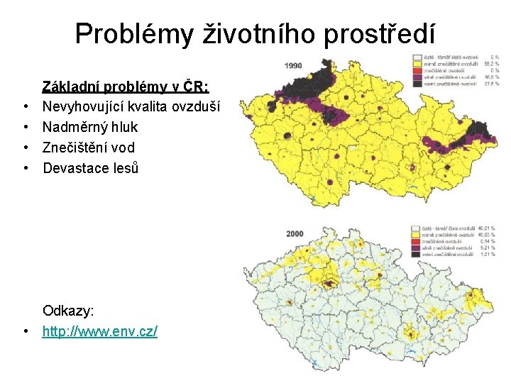 Problémy životního prostředí • • Základní problémy v ČR: Nevyhovující kvalita ovzduší Nadměrný hluk