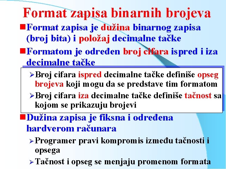 Format zapisa binarnih brojeva g. Format zapisa je dužina binarnog zapisa (broj bita) i