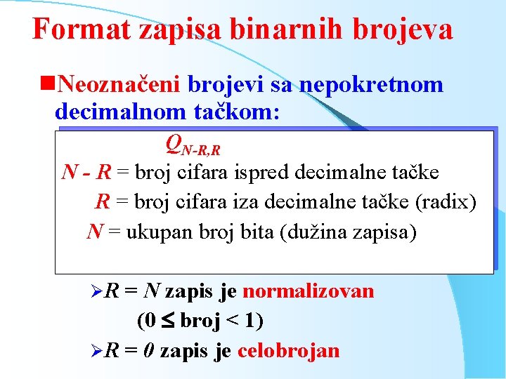 Format zapisa binarnih brojeva g. Neoznačeni brojevi sa nepokretnom decimalnom tačkom: QN-R, R N