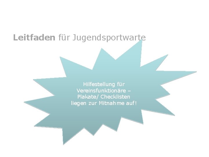 Leitfaden für Jugendsportwarte Hilfestellung für Vereinsfunktionäre – Plakate/ Checklisten liegen zur Mitnahme auf! 