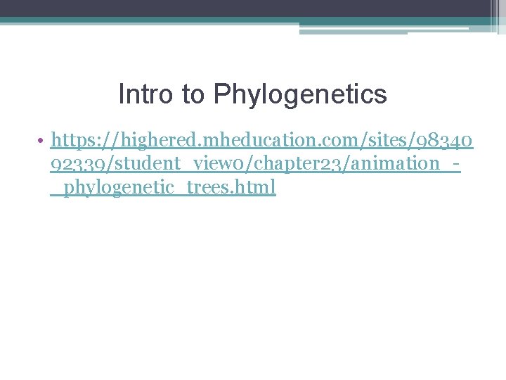 Intro to Phylogenetics • https: //highered. mheducation. com/sites/98340 92339/student_view 0/chapter 23/animation__phylogenetic_trees. html 