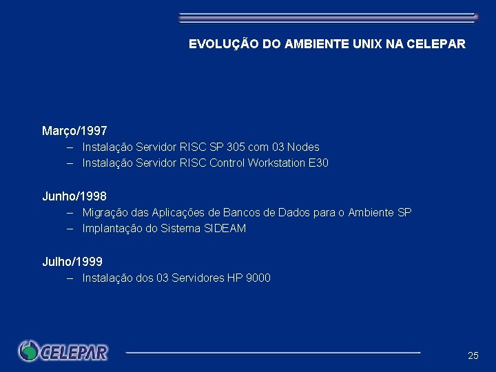 EVOLUÇÃO DO AMBIENTE UNIX NA CELEPAR Março/1997 – Instalação Servidor RISC SP 305 com