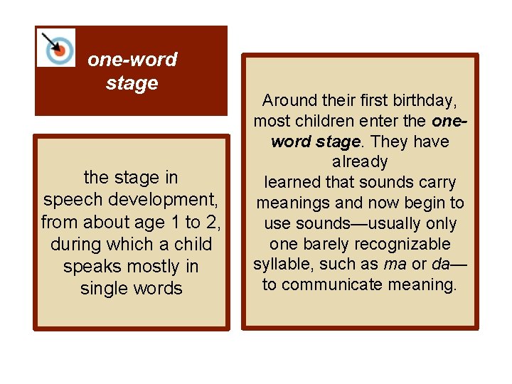 one-word stage the stage in speech development, from about age 1 to 2, during