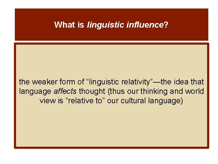 What is linguistic influence? the weaker form of “linguistic relativity”—the idea that language affects