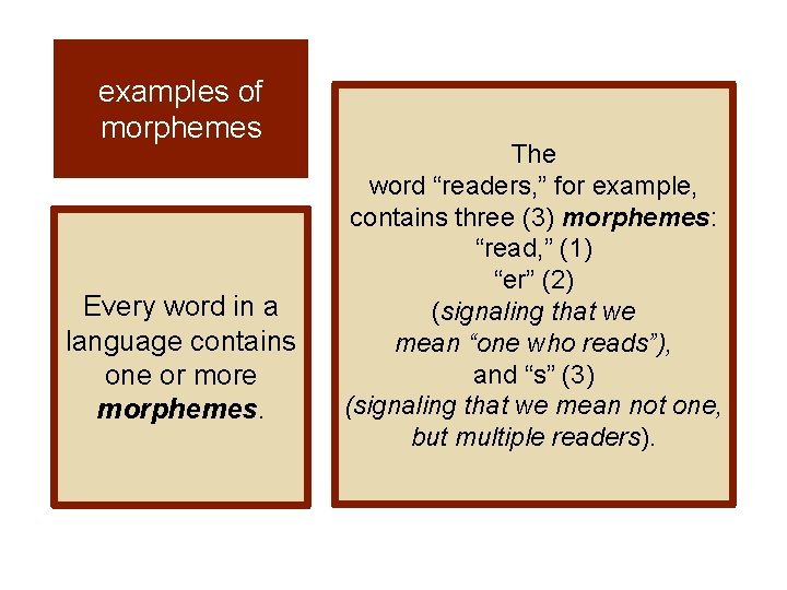 examples of morphemes Every word in a language contains one or more morphemes. The