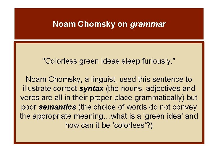 Noam Chomsky on grammar "Colorless green ideas sleep furiously. ” Noam Chomsky, a linguist,