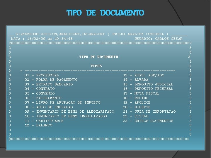 TIPO DE DOCUMENTO __ SIAFEM 2008 -AUDICON, ANALICONT, INCANACONT ( INCLUI ANALISE CONTABIL )