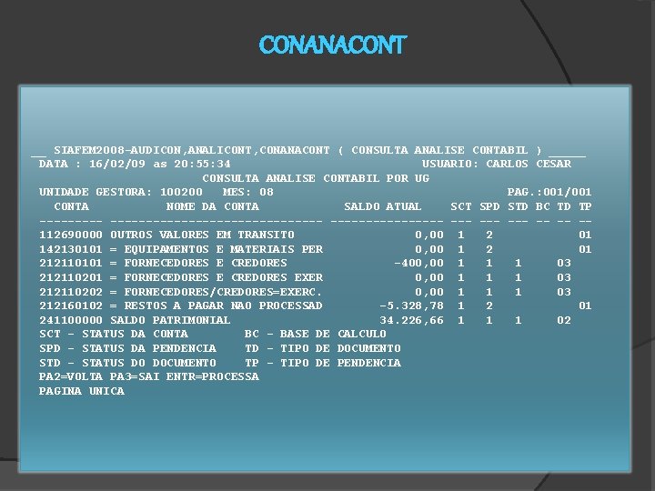 CONANACONT __ SIAFEM 2008 -AUDICON, ANALICONT, CONANACONT ( CONSULTA ANALISE CONTABIL ) _____ DATA