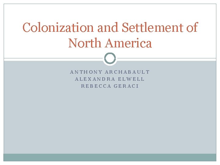 Colonization and Settlement of North America ANTHONY ARCHABAULT ALEXANDRA ELWELL REBECCA GERACI 