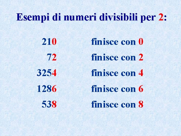 Esempi di numeri divisibili per 2: 210 finisce con 0 72 finisce con 2