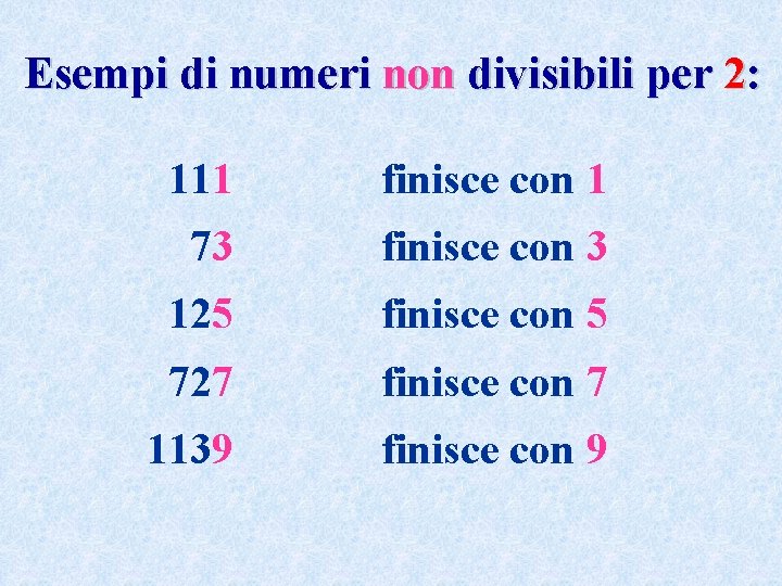 Esempi di numeri non divisibili per 2: 111 finisce con 1 73 finisce con