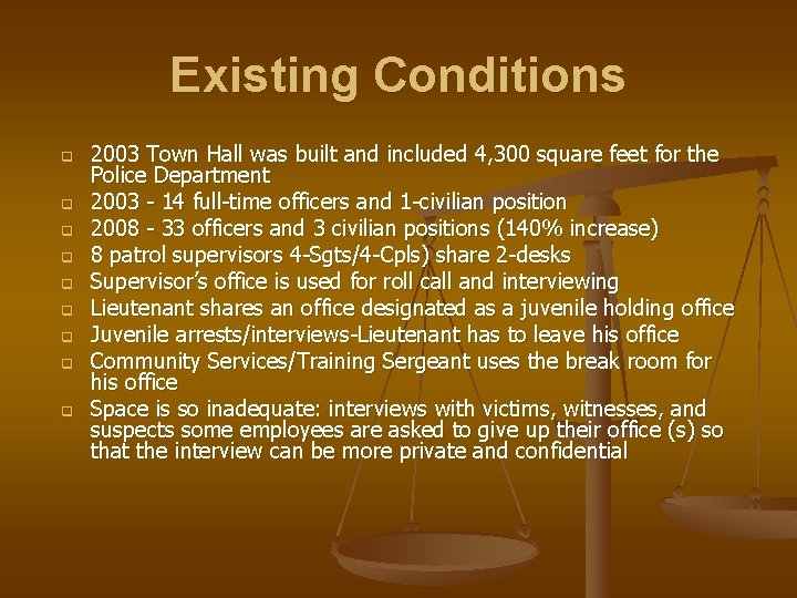 Existing Conditions q q q q q 2003 Town Hall was built and included