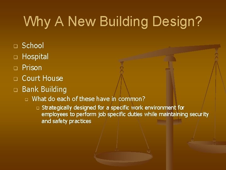 Why A New Building Design? q q q School Hospital Prison Court House Bank