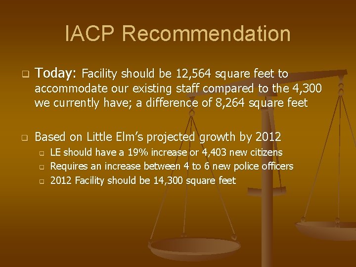 IACP Recommendation q Today: Facility should be 12, 564 square feet to accommodate our