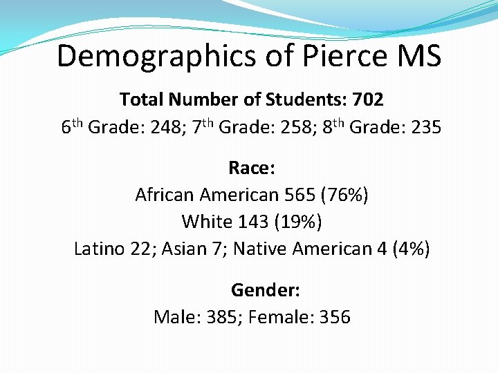 Demographics of Pierce MS Total Number of Students: 702 6 th Grade: 248; 7