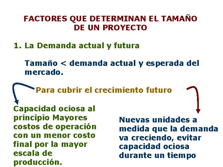 FACTORES QUE DETERMINAN EL TAMAÑO DE UN PROYECTO 1. La Demanda actual y futura FACTORES QUE DETERMINAN EL TAMAÑO DE UN PROYECTO 1. La Demanda actual y futura