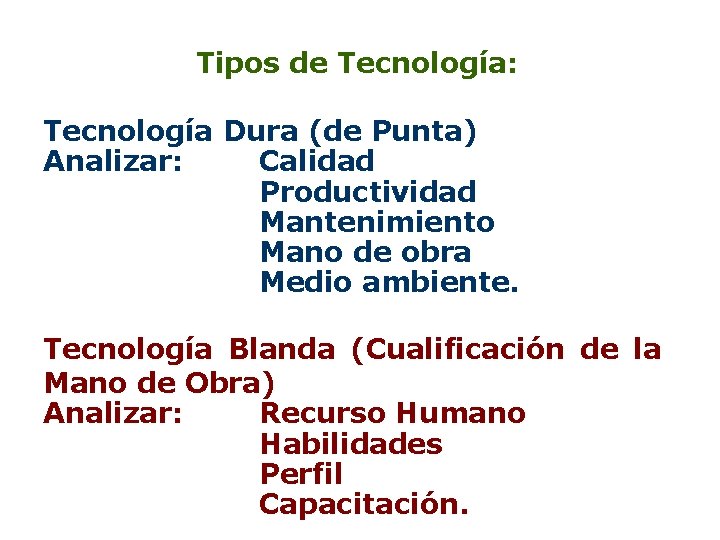 Tipos de Tecnología: Tecnología Dura (de Punta) Analizar: Calidad Productividad Mantenimiento Mano de obra