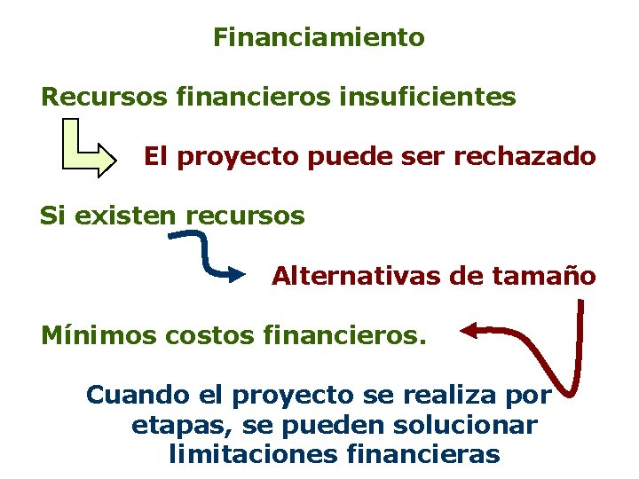 Financiamiento Recursos financieros insuficientes El proyecto puede ser rechazado Si existen recursos Alternativas de