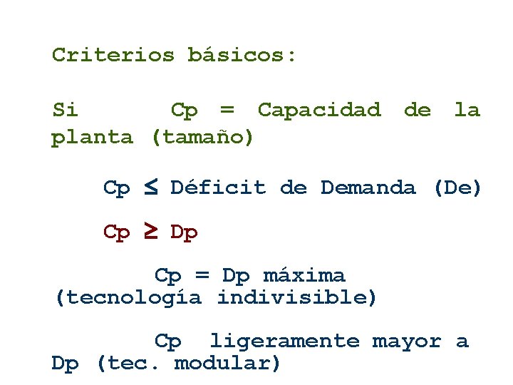Criterios básicos: Si Cp = Capacidad planta (tamaño) de la Cp Déficit de Demanda Criterios básicos: Si Cp = Capacidad planta (tamaño) de la Cp Déficit de Demanda