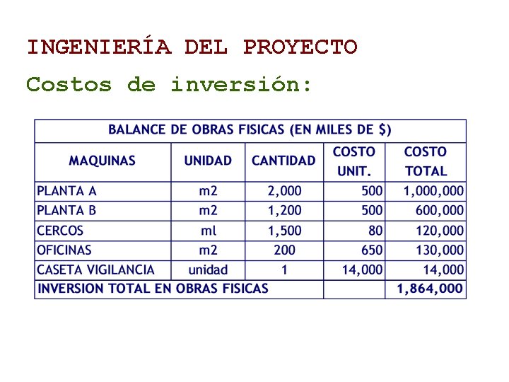 INGENIERÍA DEL PROYECTO Costos de inversión: 