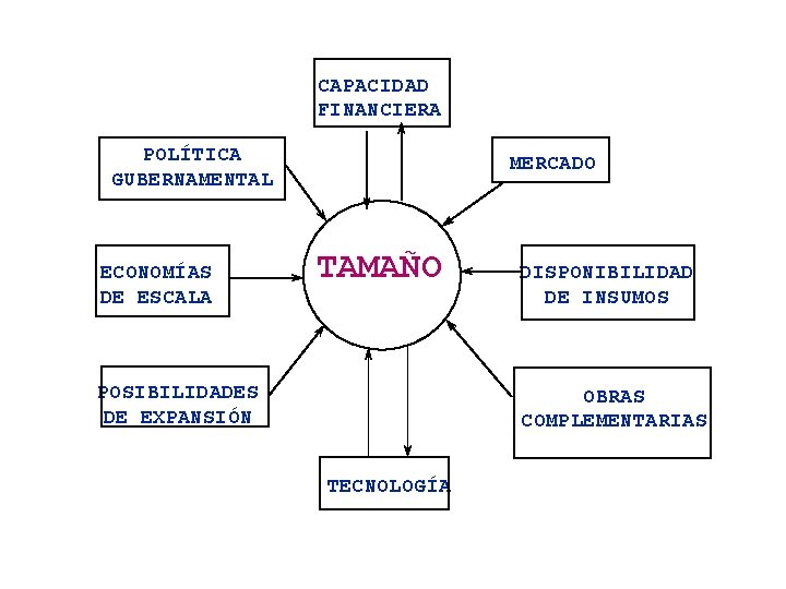 CAPACIDAD FINANCIERA POLÍTICA GUBERNAMENTAL ECONOMÍAS DE ESCALA MERCADO TAMAÑO POSIBILIDADES DE EXPANSIÓN DISPONIBILIDAD DE