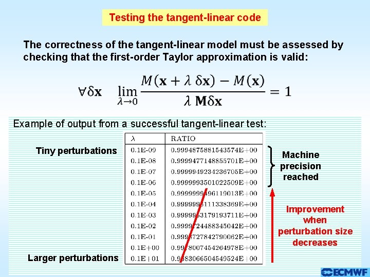Testing the tangent-linear code The correctness of the tangent-linear model must be assessed by Testing the tangent-linear code The correctness of the tangent-linear model must be assessed by