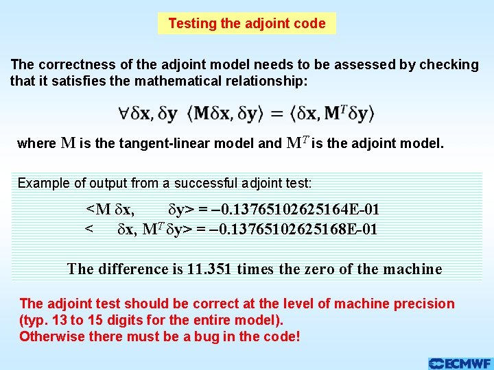 Testing the adjoint code The correctness of the adjoint model needs to be assessed Testing the adjoint code The correctness of the adjoint model needs to be assessed