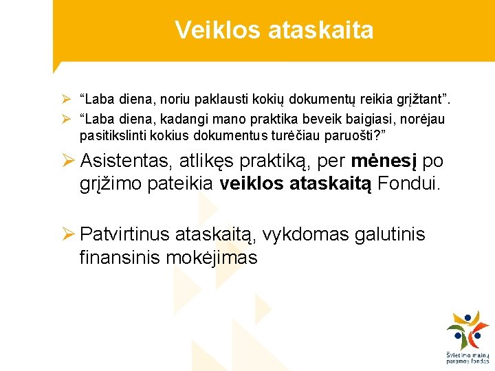 Veiklos ataskaita Ø “Laba diena, noriu paklausti kokių dokumentų reikia grįžtant”. Ø “Laba diena,