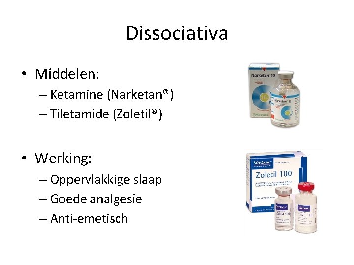 Dissociativa • Middelen: – Ketamine (Narketan®) – Tiletamide (Zoletil®) • Werking: – Oppervlakkige slaap