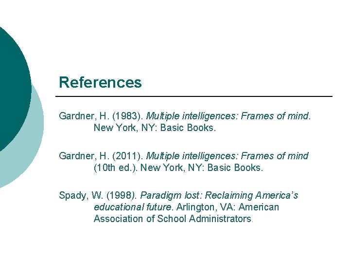 References Gardner, H. (1983). Multiple intelligences: Frames of mind. New York, NY: Basic Books.