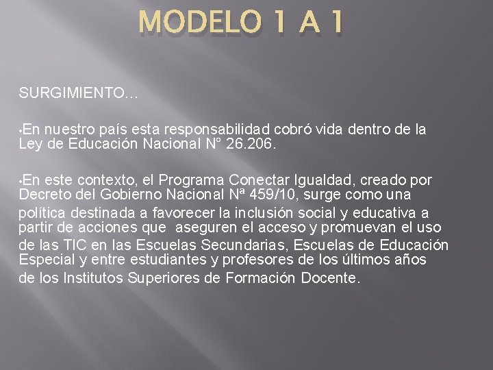 MODELO 1 A 1 SURGIMIENTO… • En nuestro país esta responsabilidad cobró vida dentro