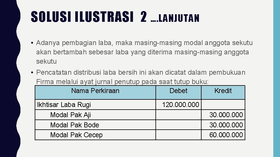 SOLUSI ILUSTRASI 2 …. LANJUTAN • Adanya pembagian laba, maka masing-masing modal anggota sekutu