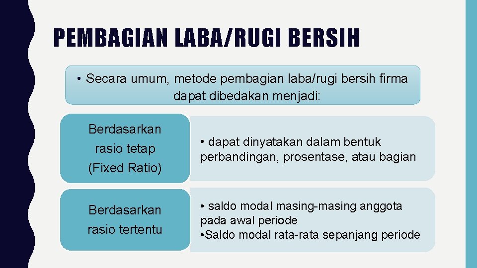 PEMBAGIAN LABA/RUGI BERSIH • Secara umum, metode pembagian laba/rugi bersih firma dapat dibedakan menjadi: